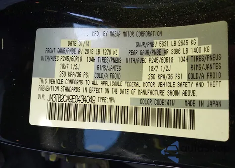 2014 Mazda Cx-9 Touring z USA, uszkodzony, nr VIN JM3TB2CA9E0434049